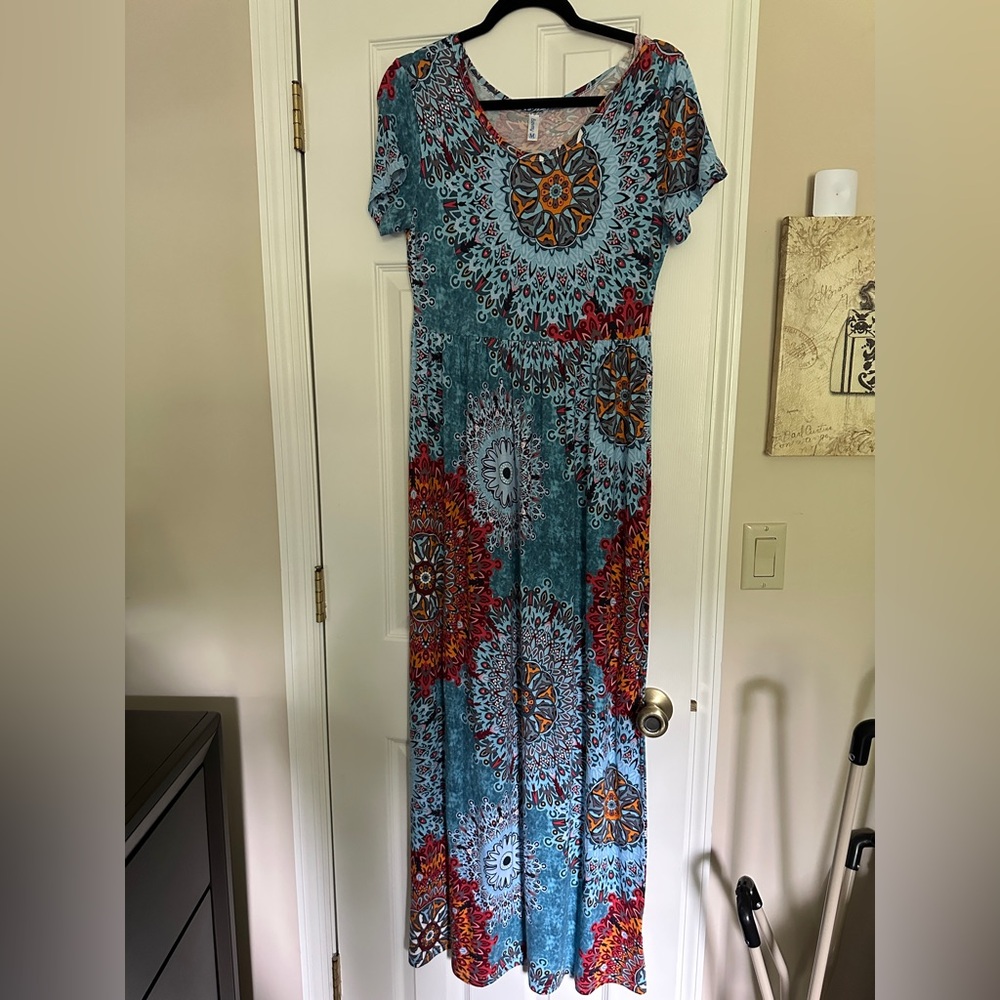 Casual Blue and Orange Maxi Sundress with Short Sleeves